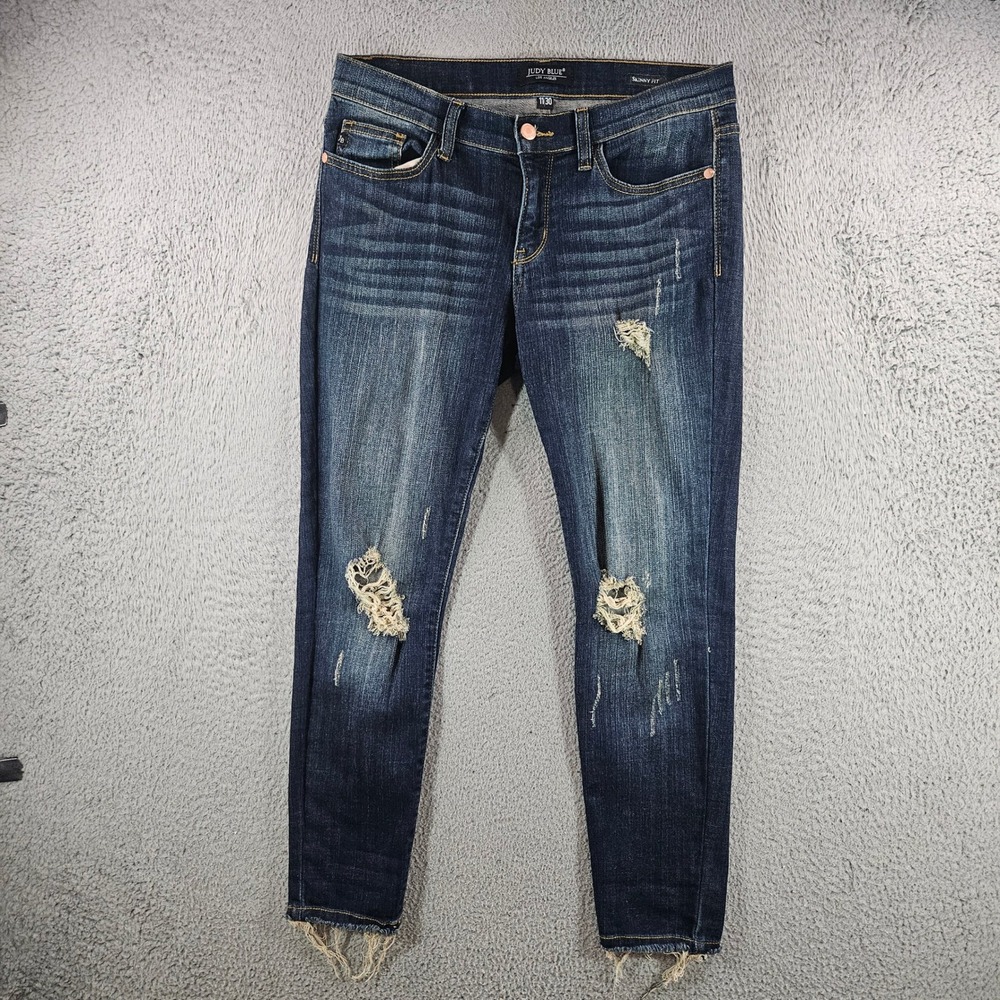 Judy Blue Skinny Fit Distressed Dark Wash Jeans 11/30 Raw Hem Distressed